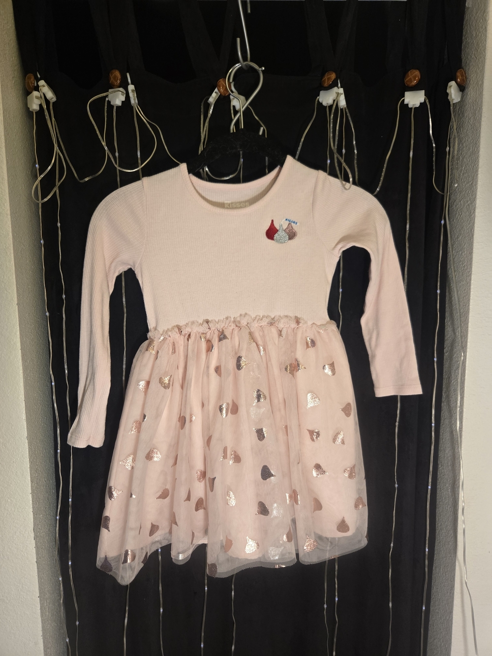 Girls' Pink Long Sleeve Tulle Skirt Dress - Heart Print